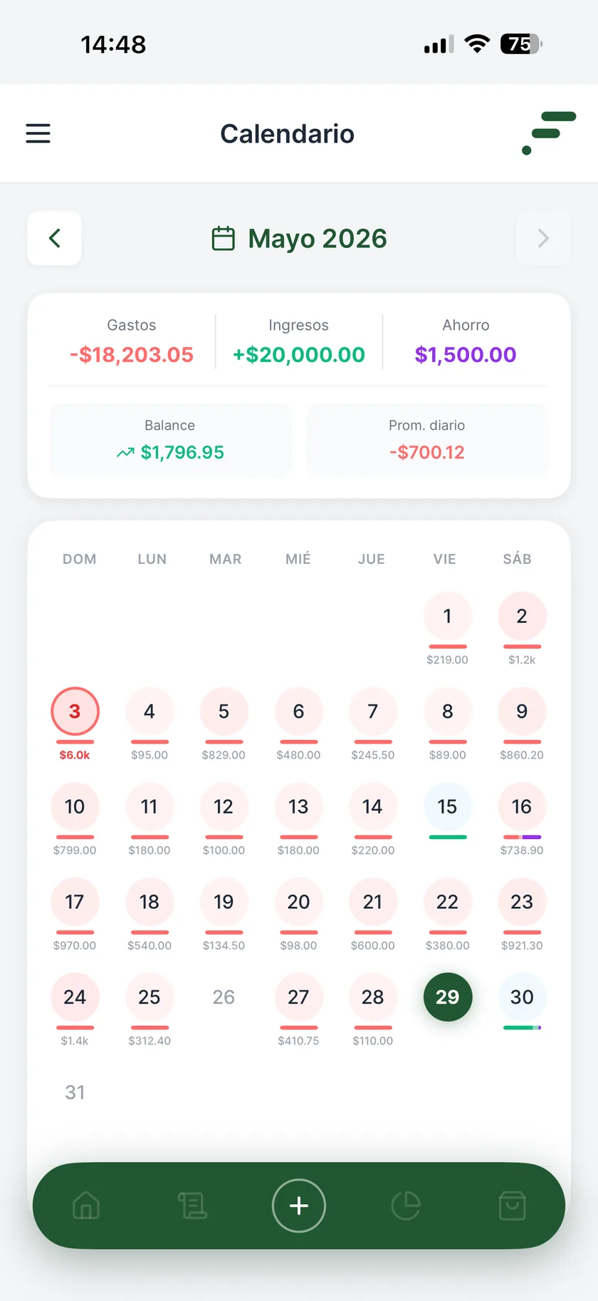 Calendario de gastos por día