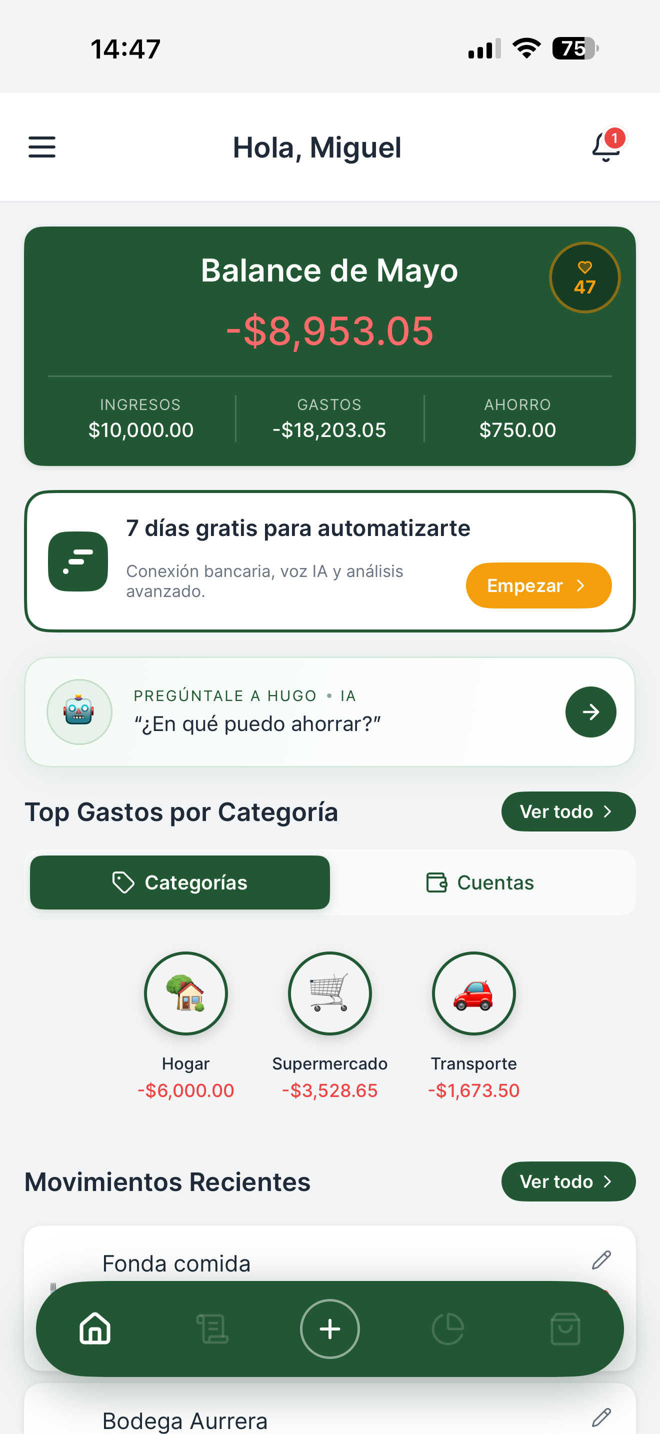 Pantalla principal de Finno con el balance del mes y gastos por categoría